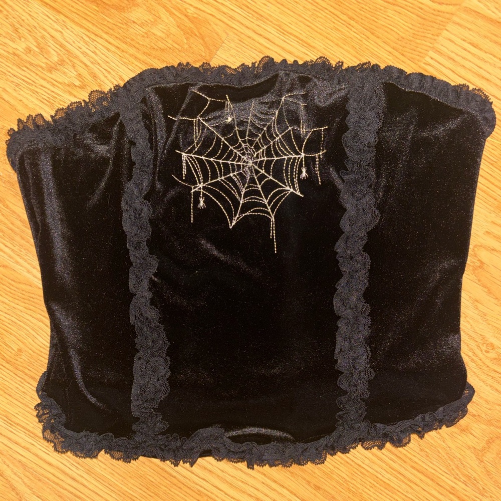 SHEIN Black Velvet Tube Top with Silver Spider Web and Lace Trim